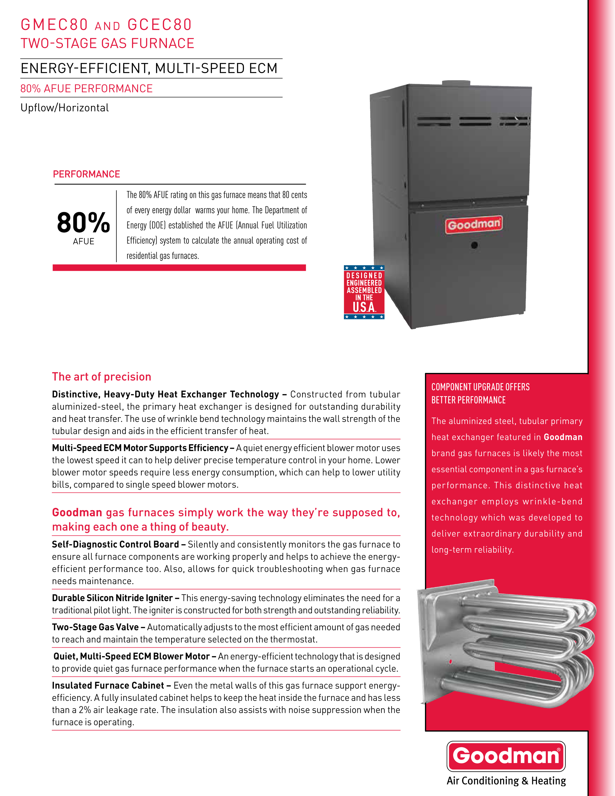 Goodman 80% Two Stage 100K BTU Gas Furnace, GCEC801005CX DOWN-FLOW